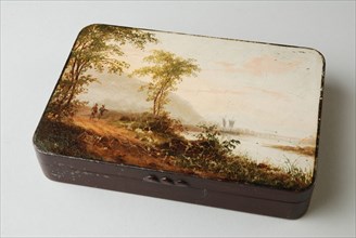 Tobacco box with painting of landscape, tobacco box holder metal base metal metal paint oil paint, w 10.0 h 3.0 beaten painted