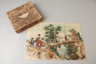 Wooden jigsaw puzzle with landscape with mother with two children on wooden bridge over ravine, in brown marbled box, jigsaw