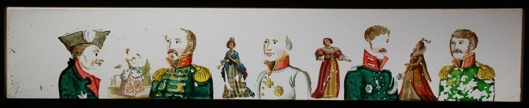 Hand-painted glass lantern plate in wooden frame, with five portraits of men in uniform, slide slide diapositive footage glass