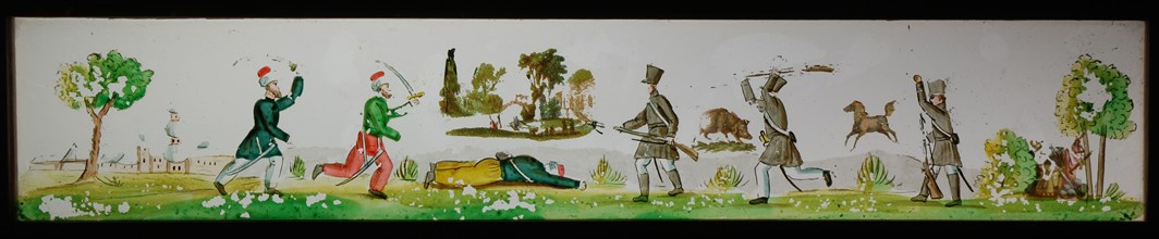 Hand-painted glass lantern plate in wooden frame, with combat Western and Oriental soldiers, slide plate slideshoot images glass