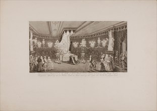 S. Fokke (engraver), Perspective image of the room with the pompous bed on which the corpse of H.K.H. Anna, print visual