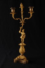 Gilded double Biedermeier candlestick from pendant, male in 18th century clothing, candelabrum candleholder lamp lighting tool