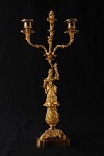 Gilded double Biedermeier candelabrum from pendant, female person in 18th century clothing, candelabrum candle holder lamp
