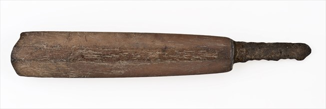 Knife with narrow blade and hexagonal wooden handle, has knife cutlery soil find iron wood metal, archeology food