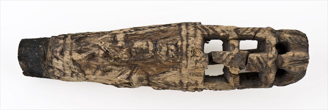 Tapered, wooden handle of knife with carved decorations and cut-away end, has knife cutlery soil finds timber w 10.8, archeology