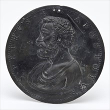Round plaque with an embossed bust of Peter and legend: S. Petrus Apostolus, plaquette batter ground find tin metal, cast Round