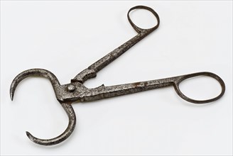 Hinged pliers, uneven eyes and oval mouth, pliers tools equipment soil finds iron metal, forged riveted archeology medical