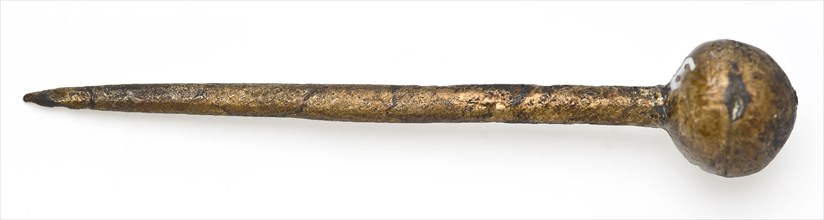 Bronze pen with round head, probably closing pin of book fitting, pin fitting ground find bronze copper metal, cast drawn