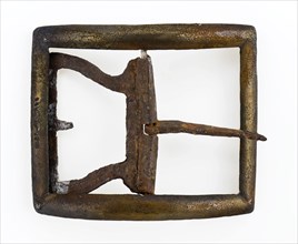 Buckle with rectangular, curved handle, middle post and angel, buckle fastener component soil find copper iron metal, archeology