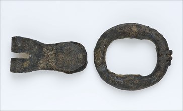 Buckle with oval ring and loose fittings with riveted nail, clasp fastener component soil find copper metal, pushed together