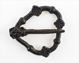 Three-sided pewter clasp with full length angel, bracket with three rosettes, buckle fastener component soil find tin metal