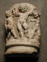 Fragment pilaster with dancing boys, pilaster ornament building component sandstone stone, sculpted