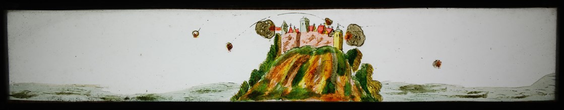Hand-painted lantern plate in tin mount, image of shooting fortress on hill, slideshelf slideshare images glass paper tin, Hand