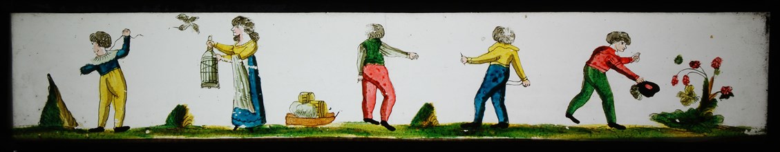 Hand-painted lantern plate in tin mount, depicting four boys, woman, bird and butterfly, slide plate slideshope images glass