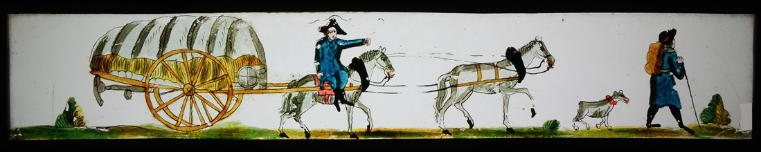 Hand-painted lantern plate in tin mount, image of traveling company with covered wagon, slide plate slideshope images glass