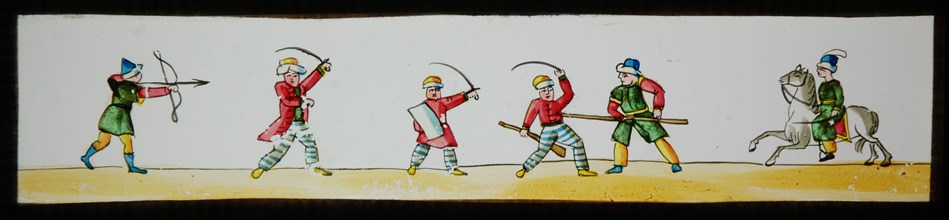 Hand-painted lantern plate with fighting Oriental soldiers, slide slide diapositive footage glass paper, Hand-painted