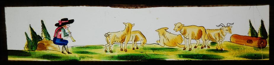Hand-painted slide, image of shepherd with sheep and flute, slide slide slideshope images glass paper, Hand-painted rectangular