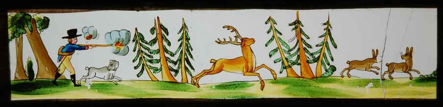Hand-painted lantern plate with hunting scene, slideshelf slideshare images glass paper, Hand-painted rectangular magic lantern