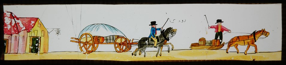 Hand-painted lantern plate with transport sledge and horse and carriage, slideshelf slideshare images glass paper, Hand-painted