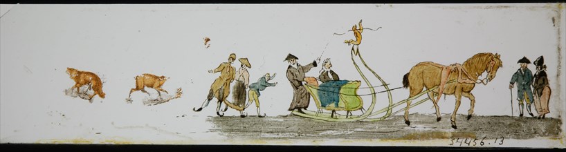 Hand-painted lantern plate with horse sleigh and skating people, slideshelf slideshare images glass paper, Hand-painted slides