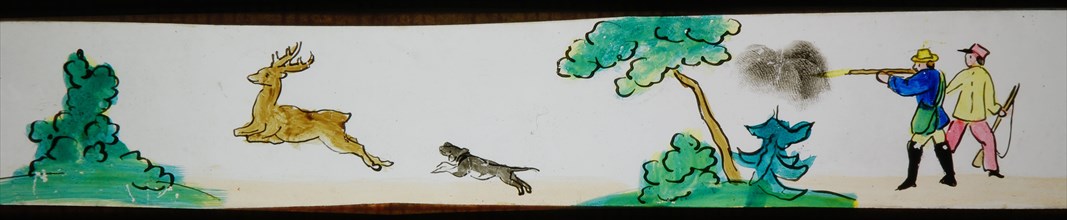Hand-painted lantern plate with hunting scene, slide plate slideshope images glass paper, Hand-painted slides on the edges