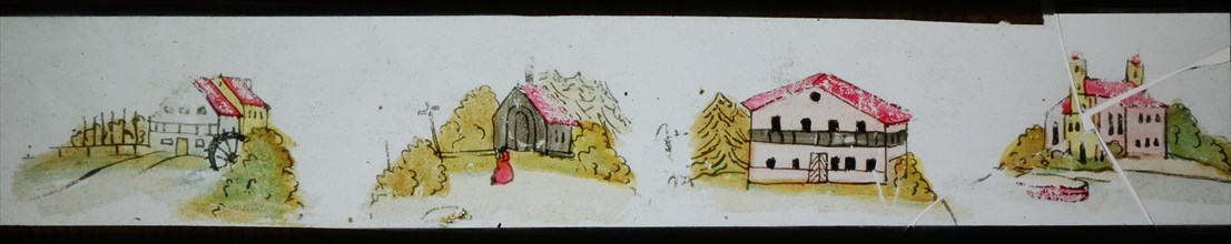 Hand-painted lantern plate with four buildings, slide slide slideshope images glass paper, Hand-painted slides on the edges