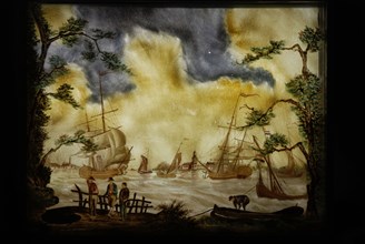 Perspective box of black lacquered wood with three painted glass plates: river view with sailing ships, perspective case glass