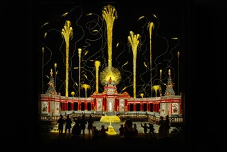 Perspective box of black lacquered wood with three painted glass plates: fireworks picture Peace of Aachen 1749, perspective