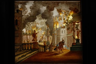 Perspective box of black lacquered wood with three painted glass plates: image of the fire of Troy, perspective box glass plate