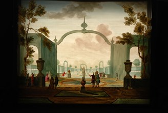 Perspective box of black lacquered wood with three painted glass plates: symmetrical garden with pond, garden vases and public