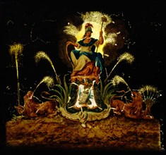 Hand-painted glass for illumination cabinet with allegorical representation: sitting woman with two lions and fountains