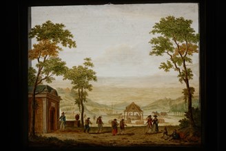 Perspective cupplate with two painted glass plates, hilly landscape with walkers and transport activities, perspective cabinet