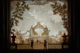 Perspective cupplate with three painted glass plates, estate with gate and double row of trees, perspective case glass plate
