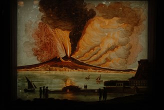 Perspective box with three painted glass plates, eruption of Mount Vesuvius, perspective case glass plate glass paint oak wood