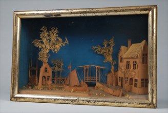 Bavelaar, small viewing box, small viewing box with rural scene: houses, drawbridge and sailing barge, diorama footage wood