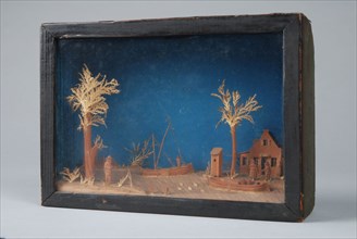 Bavelaar, small viewing box with rural scene on the waterfront with fisherman, boats and talking man and woman, diorama footage