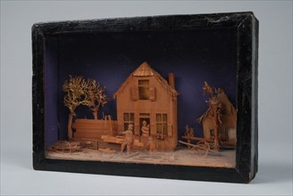 Bavelaar, small viewing box with scene of house with carpenter's workshop, diorama footage wood paint glass paper cardboard