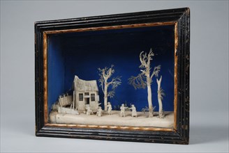Bavelaar, small viewing box with rural scene: party people at home with trees, diorama footage bone wood paint glass paper