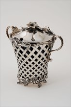 Silversmith: Anthony Huijs, Silver, openwork mustard pot with blue glass inner box, decorated with flowers and with two handles
