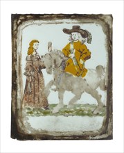 Painted glass, rider and standing woman, glass painting glass plate glass paint, d 0.2