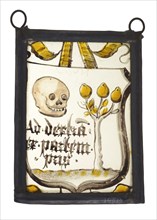 Window hanger, painted glass with coat of arms, tree and skull, stained glass window hanger glasspainting material glass paint
