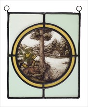 Window hanger, painted stained glass with image duck hunter with dog at pond, stained glass window pane glasspainting material