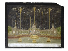 Painted glass for perspective box, garden pavilion with fountains and fireworks, glass plate perspective box glass paint