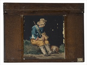 Hand-painted glass plate in wooden frame for illumination cabinet, image of sitting man with dog, slideshelf slideshow images