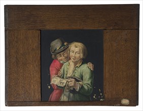 Hand-painted glass plate in wooden frame for the lighting box, depicting two men with pamphlet, slide slide slide picture glass