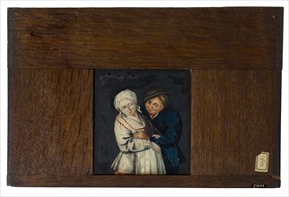 Hand-painted glass plate in wooden frame for illumination cabinet, image of approach man at woman, slideshelf slideshoot