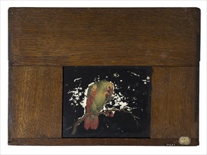 Hand-painted glass plate in wooden frame for illumination cabinet, image of parrot on branch with cherries, slide plate