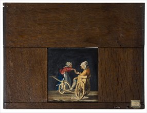 Hand-painted glass plate in wooden frame for illumination cabinet, image of disabled man in cart with alms giving wife