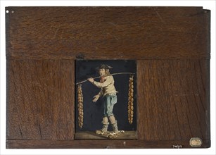 Hand-painted glass plate in wooden frame for lighting cabinet, image of man with strands of garlic, slideshelf slideshow images