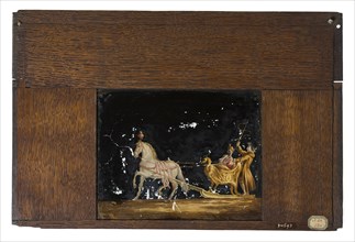 Hand-painted glass shelf in wooden frame for illumination cabinet, depicting man and woman in sleigh, slideshelf slideshoot